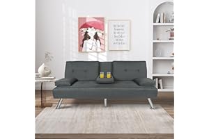 ERYE 66" Linen Upholstered Futon Loveseat Convertible Sleeper Couch Bed W/5 Metal Legs,Removable Pillows Armrest, 2 Seaters Love Seat Sofa Compact Foldable Napping Daybed with Drop-Down Cupholdes