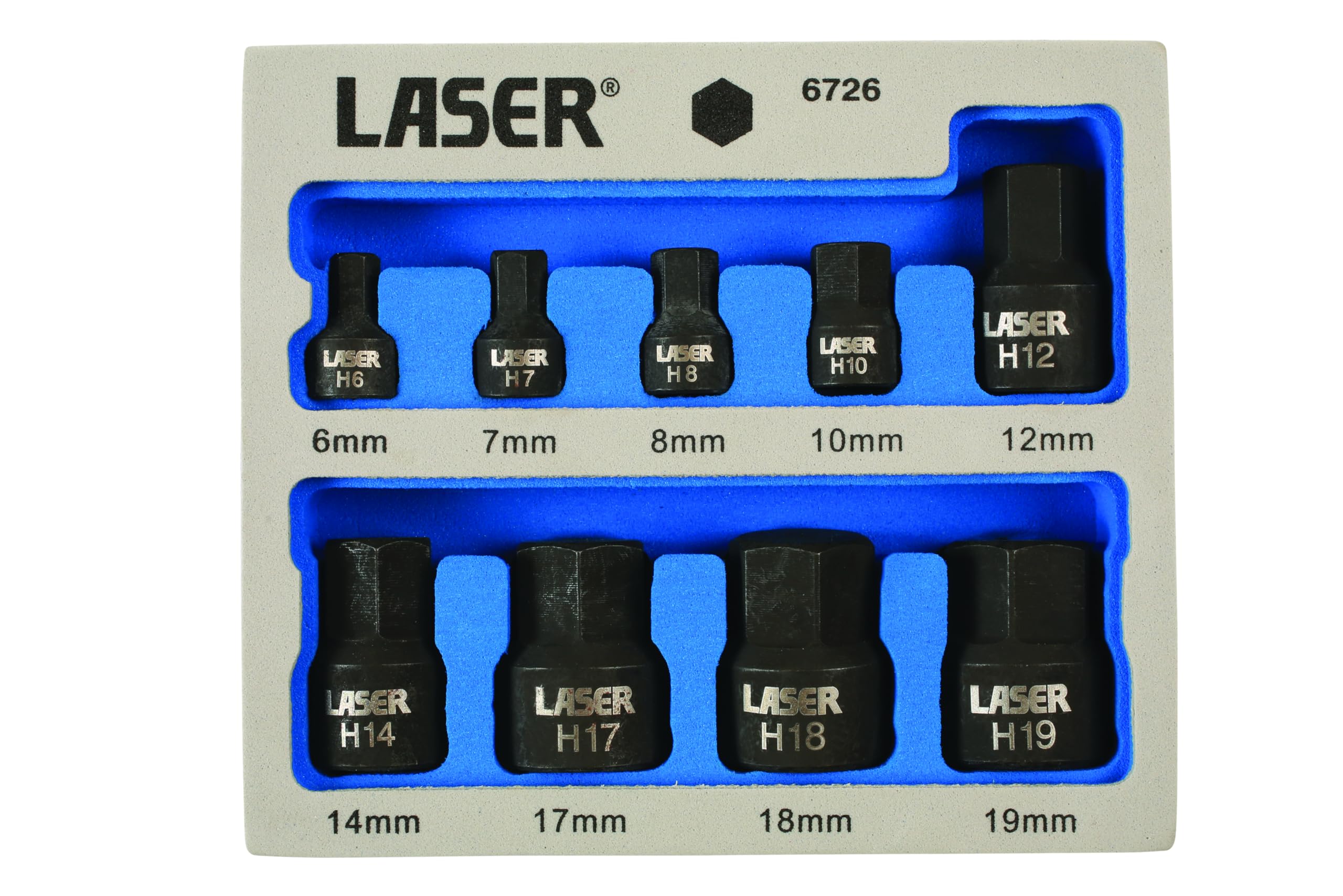 Laser 6726 Low Profile Impact Hex Socket Bit Set 1/4"D, 3/8"D 9pc, Silver