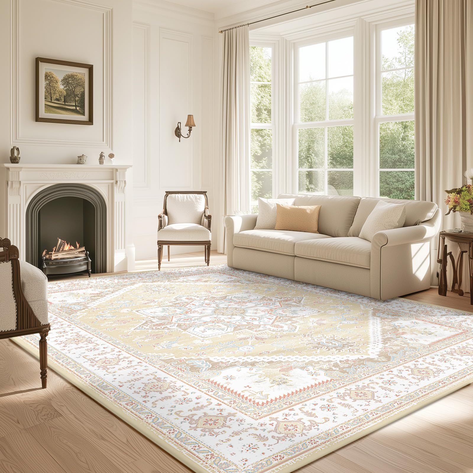 Photo 1 of BESTSWEETIE 6x9 Area Rugs for Living Room Washable Non Slip Carpet Low Pile Soft Vintage Print Pattern Rug for Bedroom Dining Room Kitchen Entryway Indoor-Cream/Light Yellow/Brown/Blue/Red/Pink