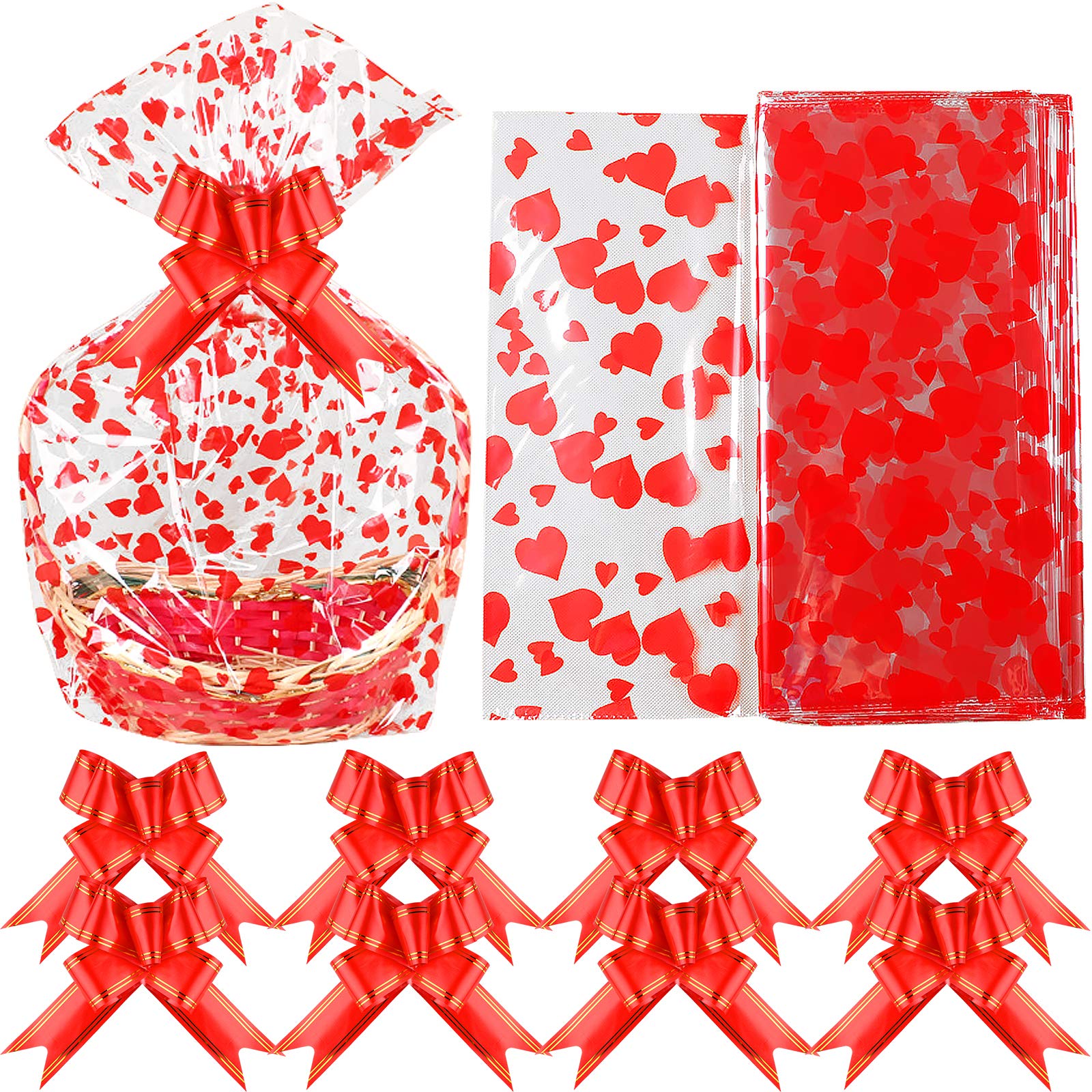 MIAHART 20 Pieces Valentine Large Basket Bags with 20 Pieces Bows Ribbon 23 x 35 Inches Cellophane Bags Heart Printed Cellophane Wrap for Baskets, Weddings, Bridal or Baby Showers