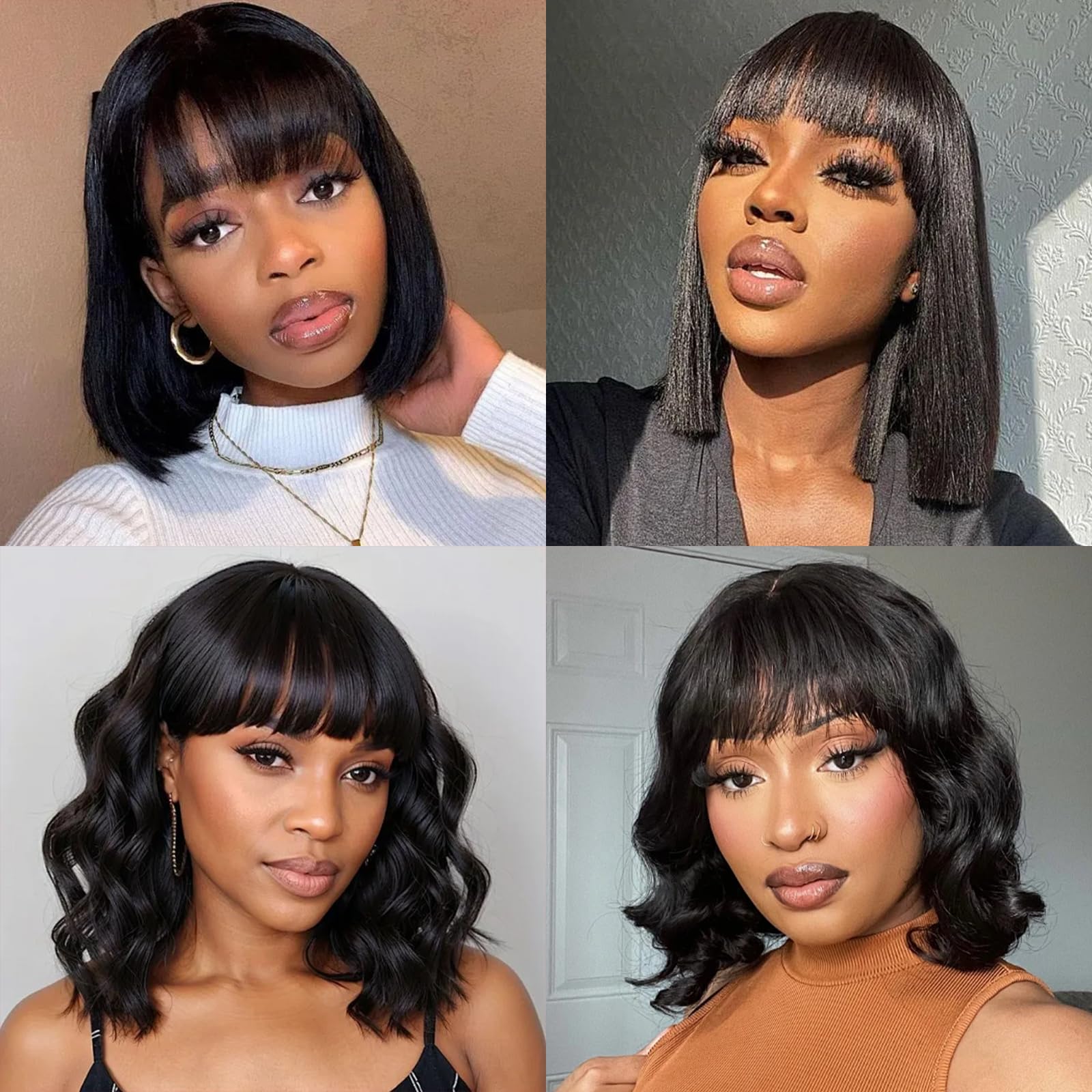 10 Inch Yaki Straight Bob Wig Human Hair with Bangs 1X4 Lace Short Black Bob Wigs with Breathable Cap Blunt Cut Bob Wig 200 Density For Women