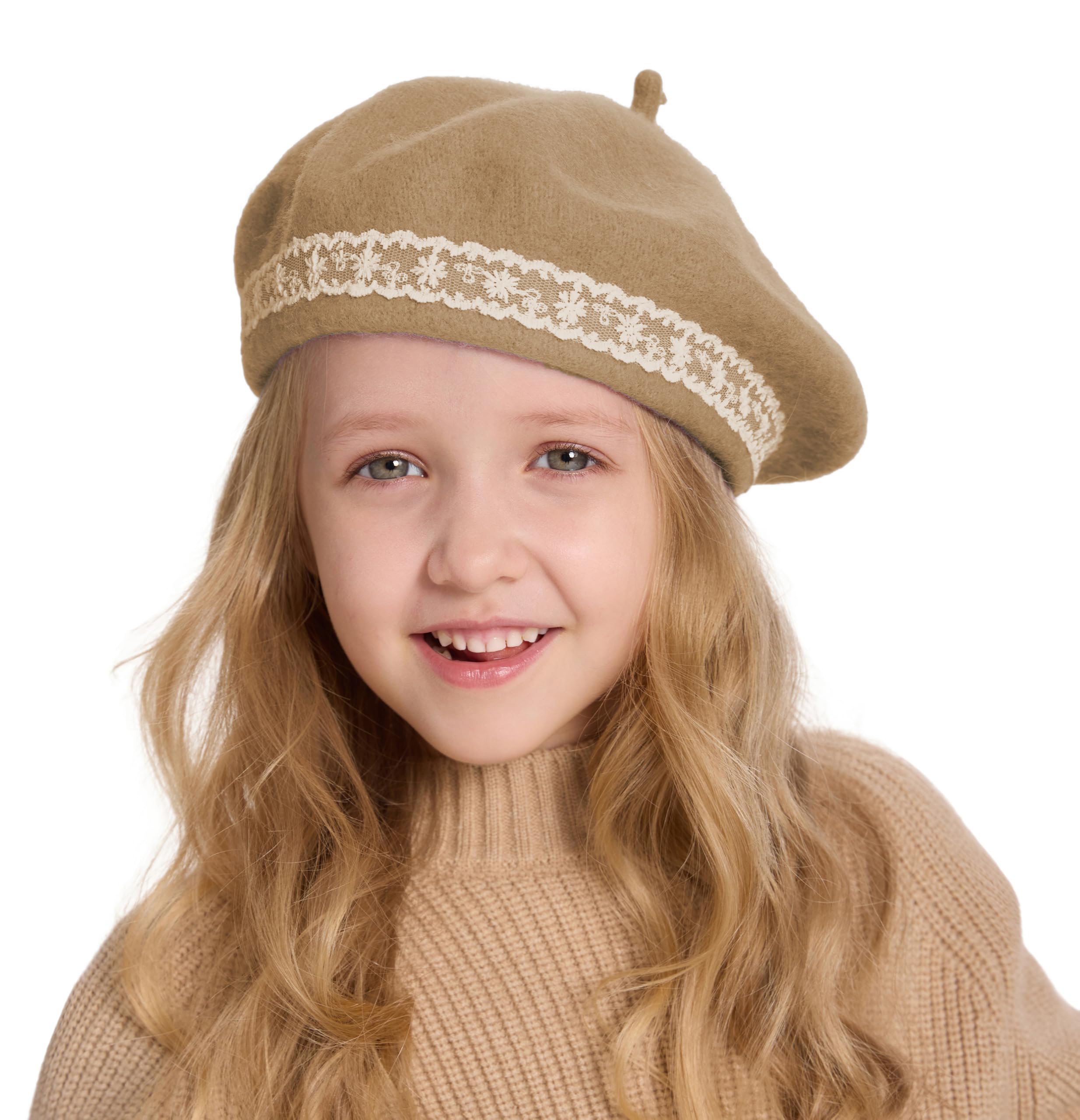 ZLYC Wool Kids Beret Hat Girls Solid Color Artist French Beret Cap(Lace Camel),One Size โ image 1