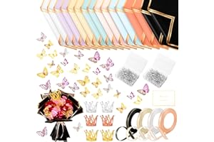 NEEDBROCK 382 Pcs Flower Wrapping Paper, 80 Sheets Waterproof Flower Bouquet Wrapping Paper with 72 Pcs 3D Butterfly Decor 6 Pcs Crown 200 Bouquet Pins 4 Roll of Ribbons for Mother's Day Wedding DIY Craft