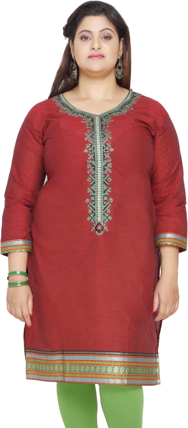 Plus Size Cotton Embroidered Kurti Women's Kurta Tunic Top (Maroon, XXL) Buy Online at Best