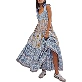 Beaufident Women Summer Floral Maxi Dress Sleeveless Tie Shoulder Bohemian Flowy Smocked Dresses Casual Sundress with Pockets