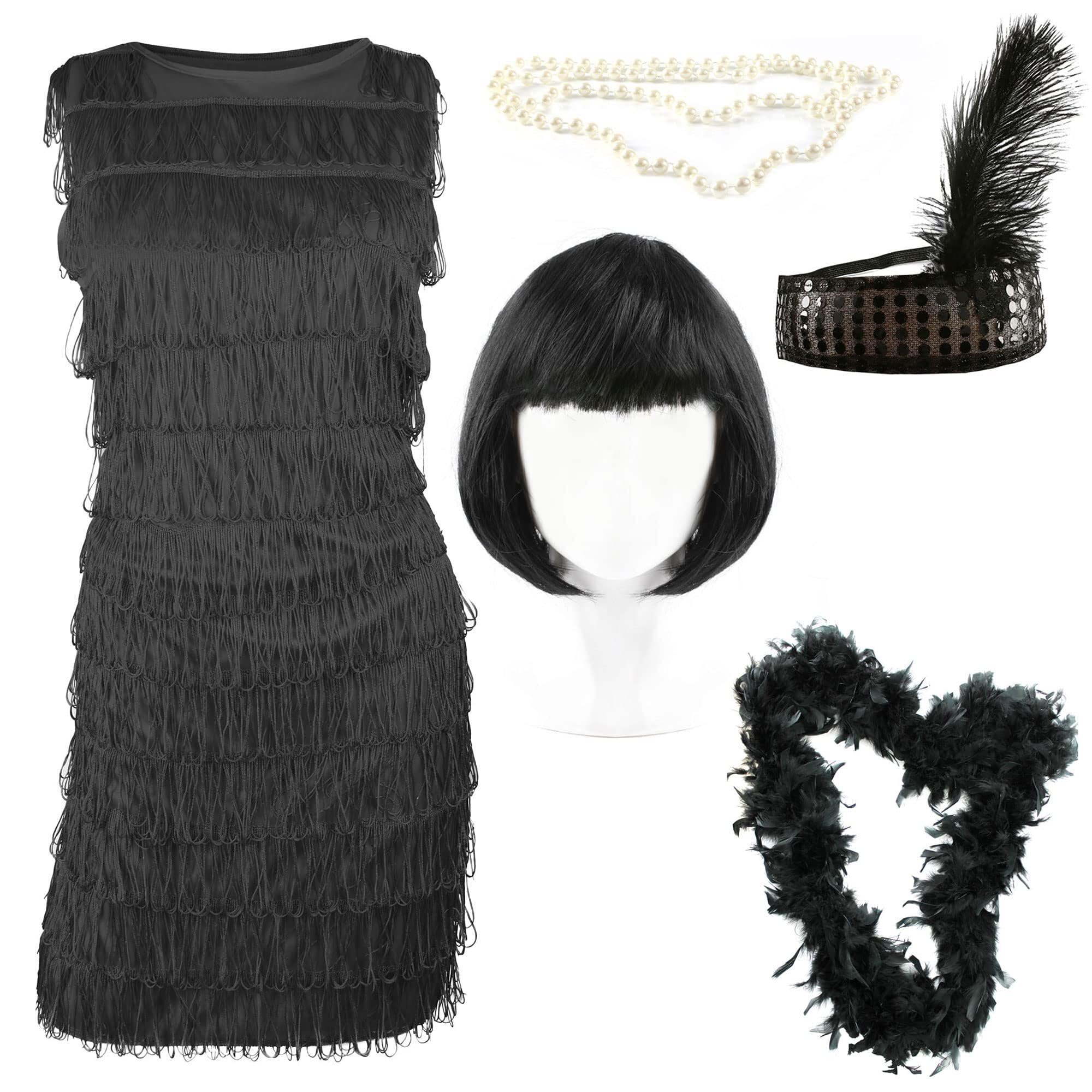 Ladies Flapper Dress - UK 8-10 - Black Flapper Fancy Dress Costume with Matching Sequin Headband, Pearl Necklace, Bob Wig, and Feather Boa - 1920's Party Dress
