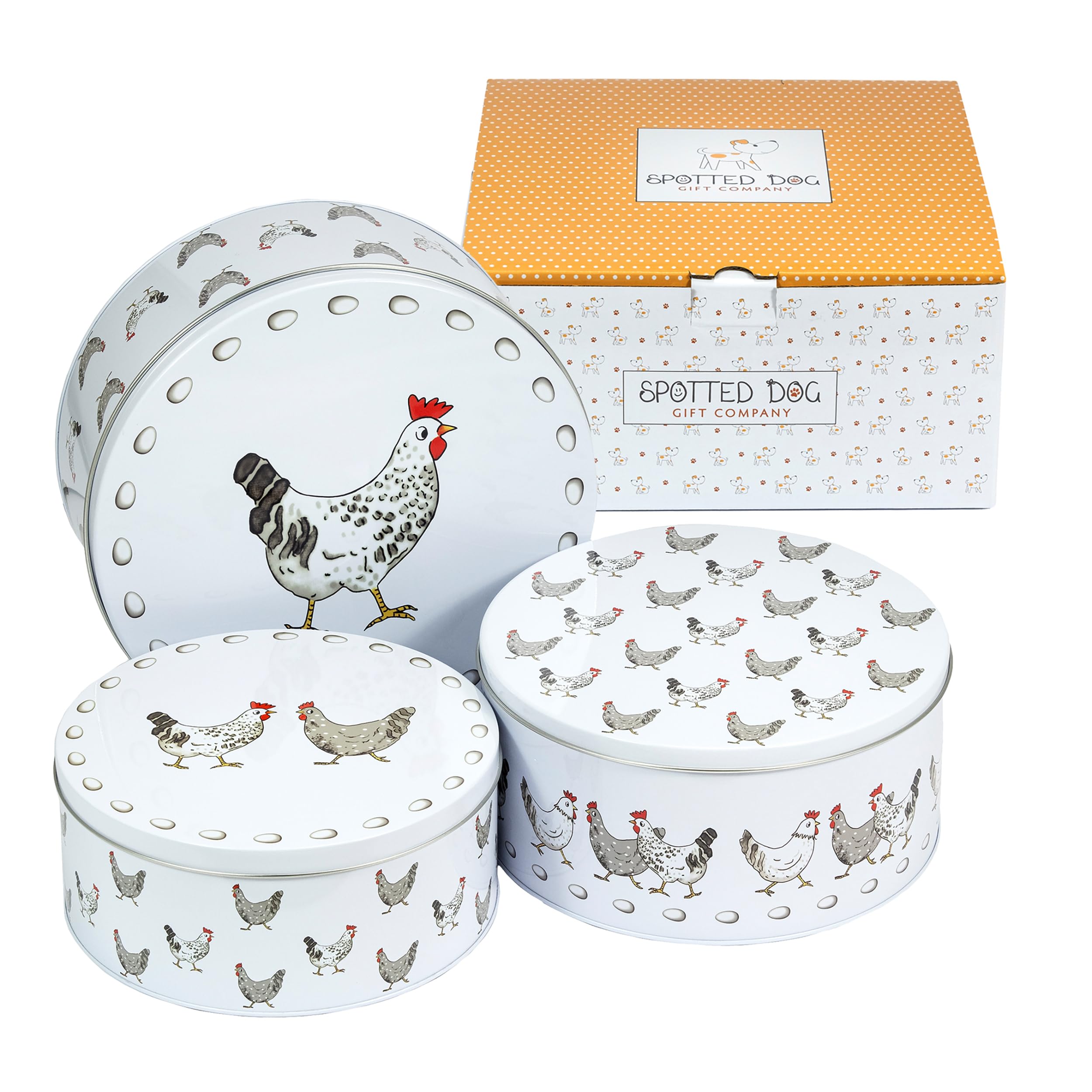 SPOTTED DOG GIFT COMPANY Cake Storage Tins, Set of 3 Round Nesting Cake Tins for Storing Cakes Biscuits & Sweets, Chicken Themed Stackable Containers with Airtight Lids, Large Medium Small