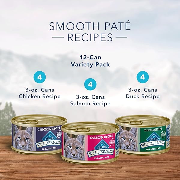 BLUE BUFFALO WILDERNESS HIGH PROTEIN, NATURAL ADULT PATE WET CAT FOOD VARIETY PACK, CHICKEN, SALMON, DUCK 3-OZ CANS (12 COUNT- 4 OF EACH FLAVOR)