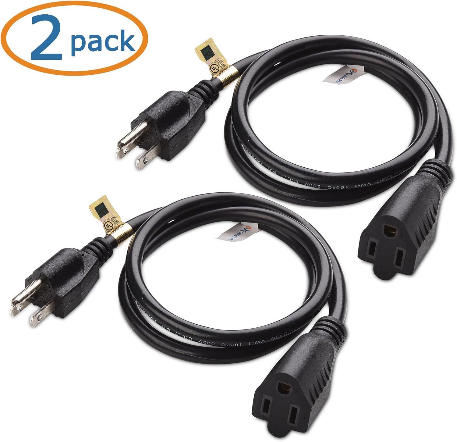 Cable Matters 2-Pack 16 AWG Heavy Duty AC Power Extension Cord (Power Extension Cable) in 10 Feet (NEMA 5-15P to NEMA 5-15R): Electronics