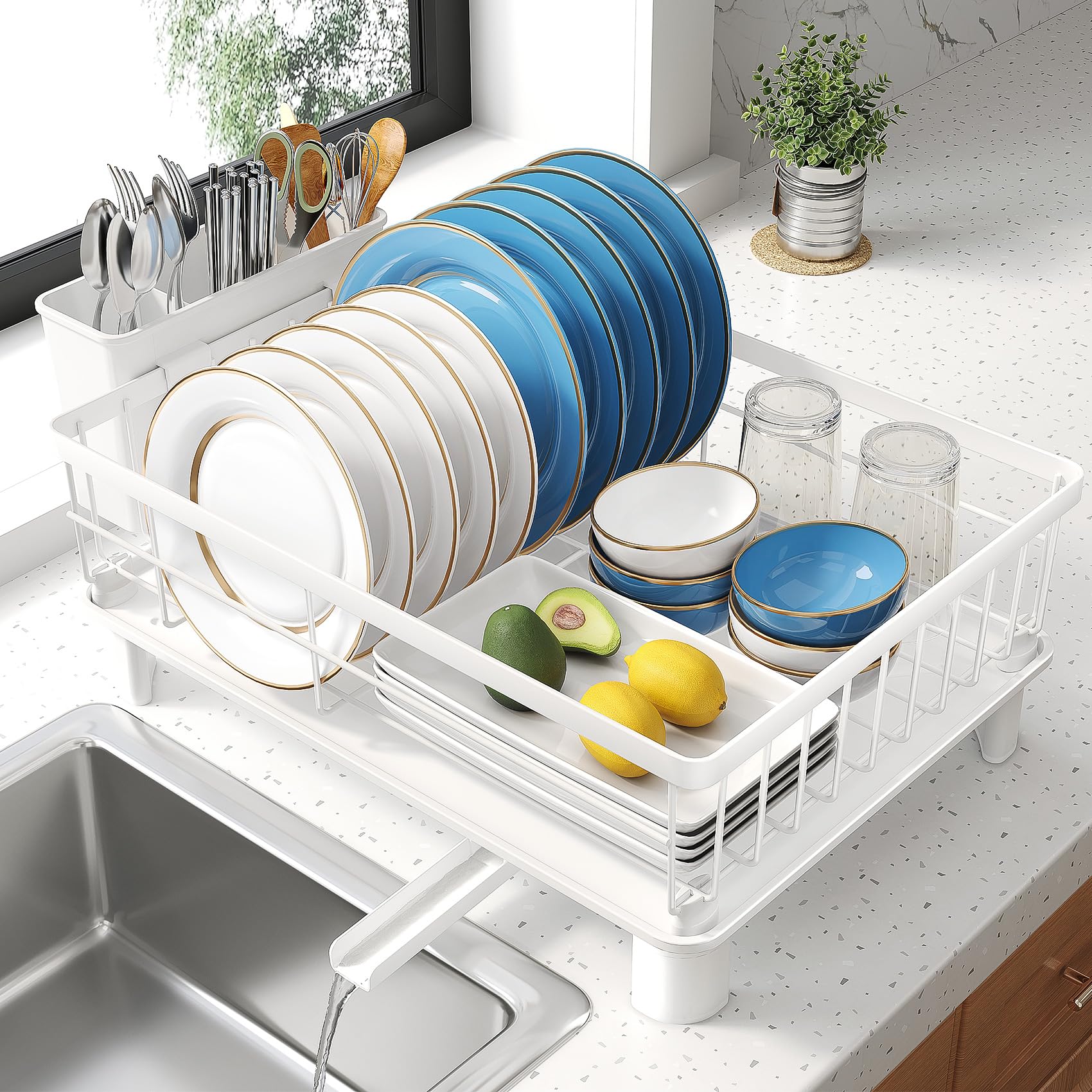 Photo 1 of Dish Drying Rack - Small Dish Rack for Kitchen Counter, Stainless Steel Dish Drainer with Utensil Holder and Drainboard (White)