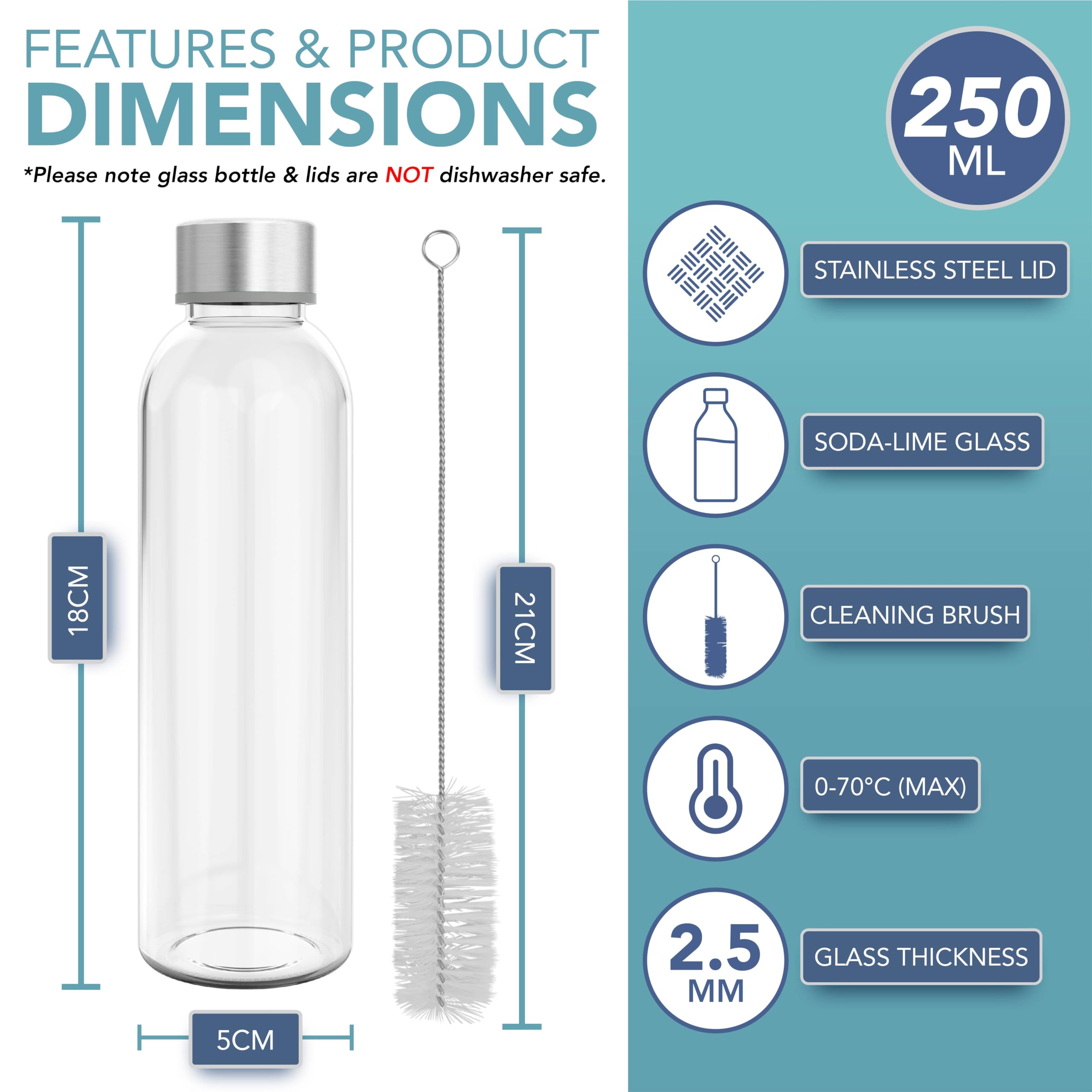 HEFTMAN 250ml Glasflaschen mit Deckel, leere Glaswasserflasche, luftdicht 2