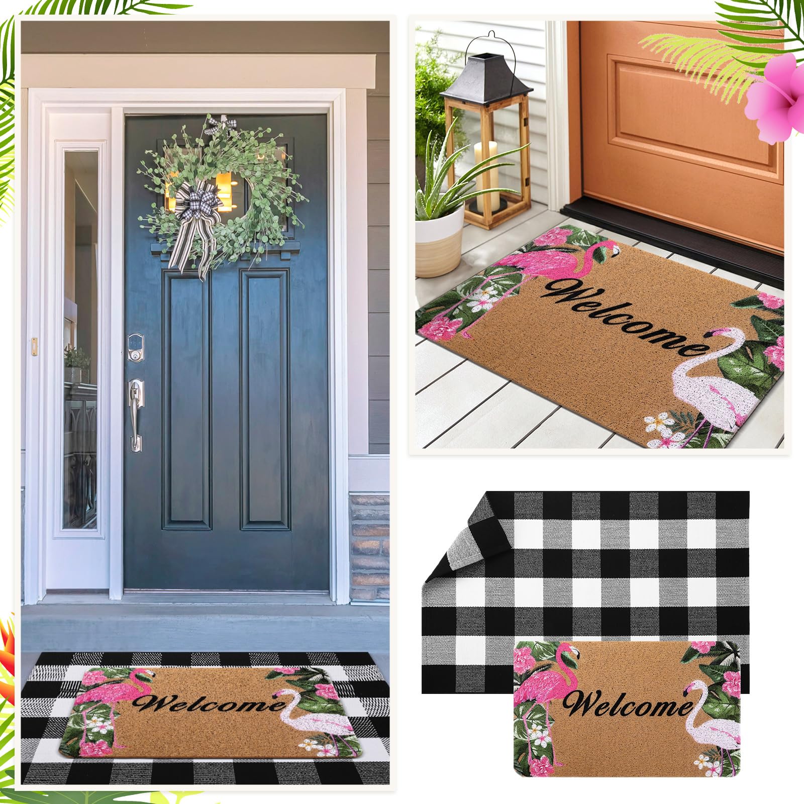FuWeave 2 Pcs Flamingo Doormat Rug Outdoor Welcome Mat Set Coir Door Mat and 27.5"x 43" Black and White Checkered Cotton Buffalo Plaid Layering Rug for Party Front Porch Summer Decoration Bathroom - Image 3