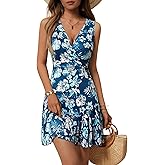 FENSACE Women's Summer Sleeveless Sexy Wrap V Neck Floral Sundress Mini Dress