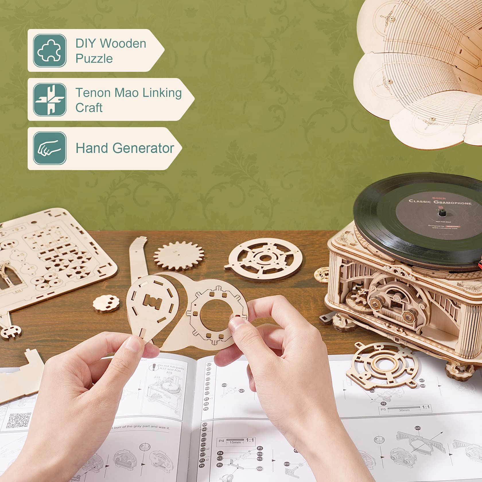 ROKR 3D Wooden Puzzles Gramophone for Adults - DIY Mechanical Model Kit 1:1 Replica Record Player Support 7