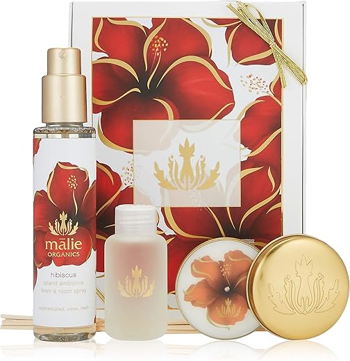 Malie Organics(マリエオーガニクス) ホームアンビエンスボックス ハイビスカス (セット内容:Reed Diffuser Travel 59ml / Linen&Room Spray 148ml / Soy Candle Travel 60g)