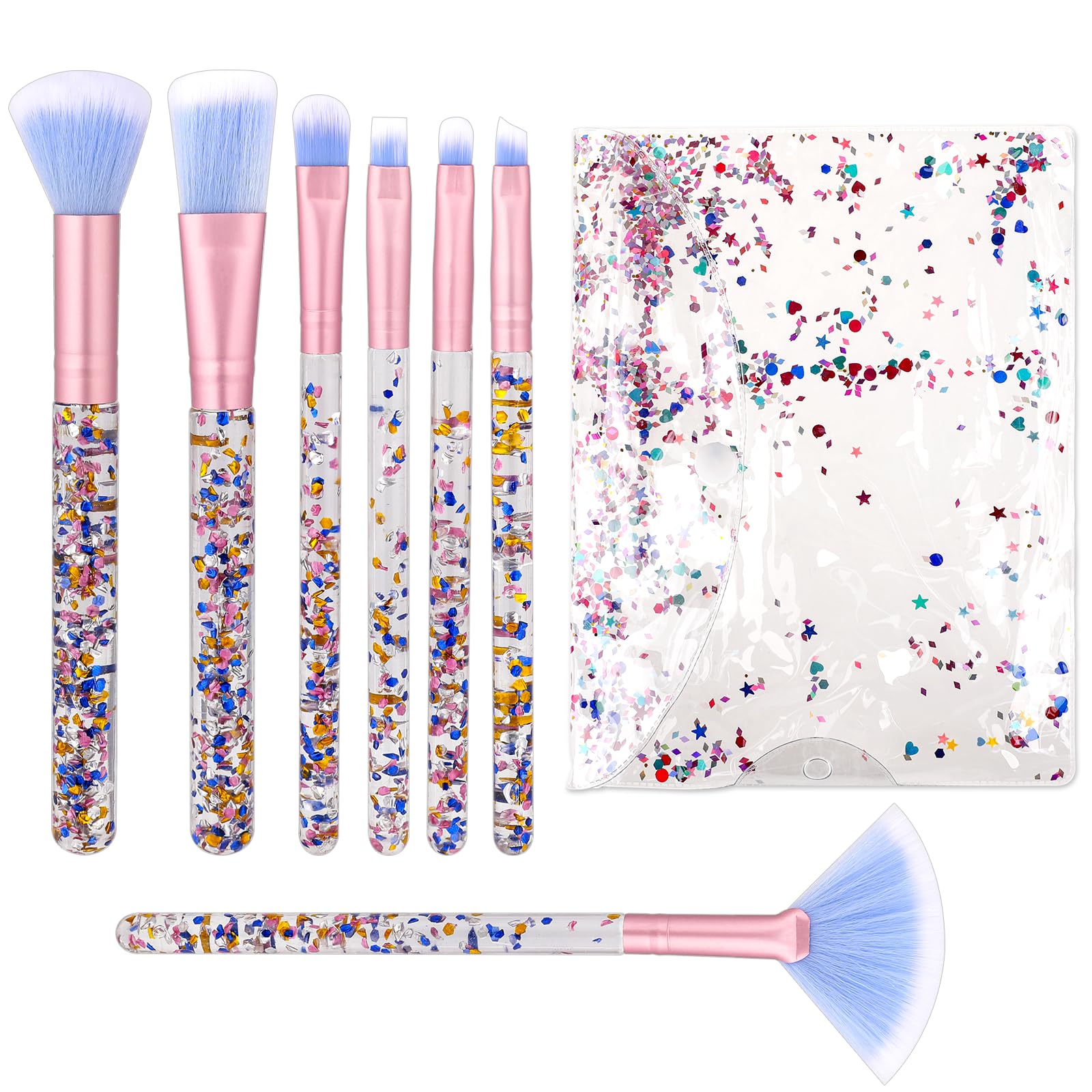 7 PCS Makeup Brushes Set,Crystal Sparkles Make Up Brush Professional Blending Brush with Sequins Handle Cute Blush Foundation Highlight Concealers Eyebrow Eye Shadow Lip Fan Beauty Brush Kit for Girls