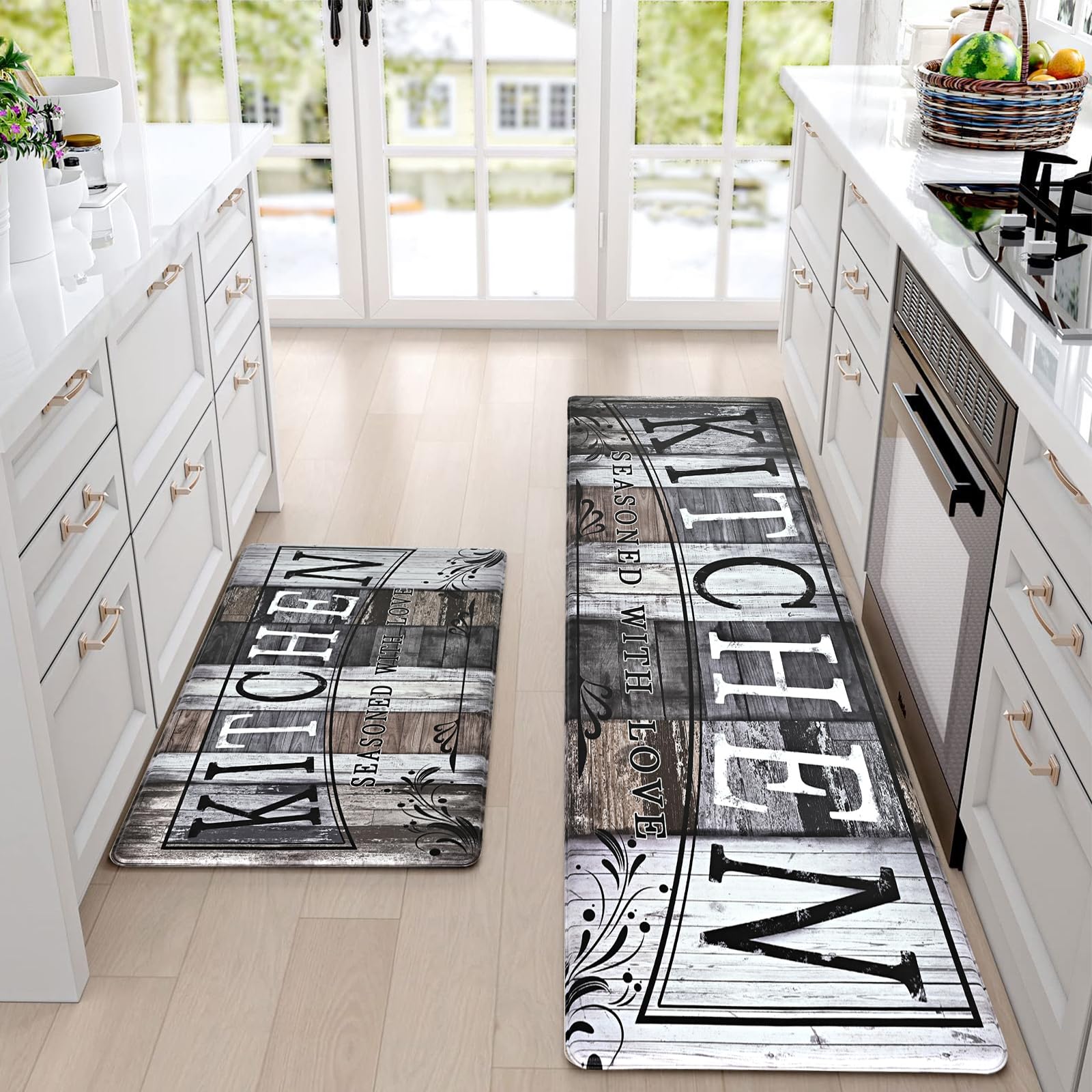 Yugarlibi Kitchen Mats Sets, 2 Piece PVC Memory Foam Kitchen Rugs, Waterproof Non-slip Anti-Fatigue Stain-Resistant Kitchen Runner Washable Standing Mats for Kitchen Floor Home Office 44x75+44x150cm