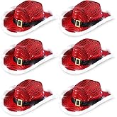 Chuarry 6 Pieces Light Up Santa Claus Cowboy Hats Set, LED Christmas Cowgirl Hat, Red and White Cowboy Hats