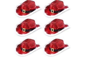Chuarry 6 Pieces Light Up Santa Claus Cowboy Hats Set, LED Christmas Cowgirl Hat, Red and White Cowboy Hats