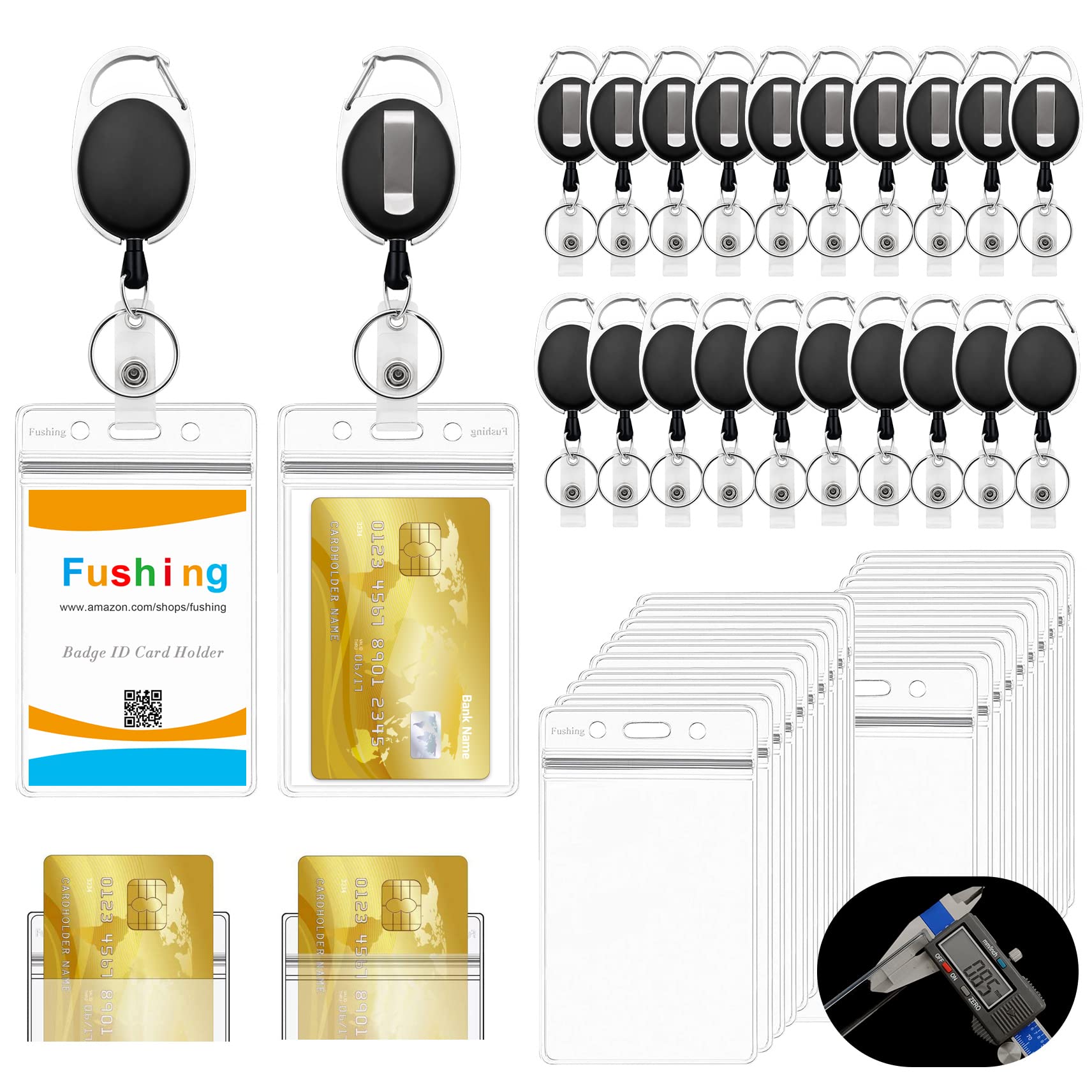 Fushing 20 Pack Retractable Badge Holders, Heavy Duty Double ID Card Badge Holder Clear Vertical PVC with Waterproof Type Resealable Zip, Single Layer Thickness 0.4mm (20 Pack)