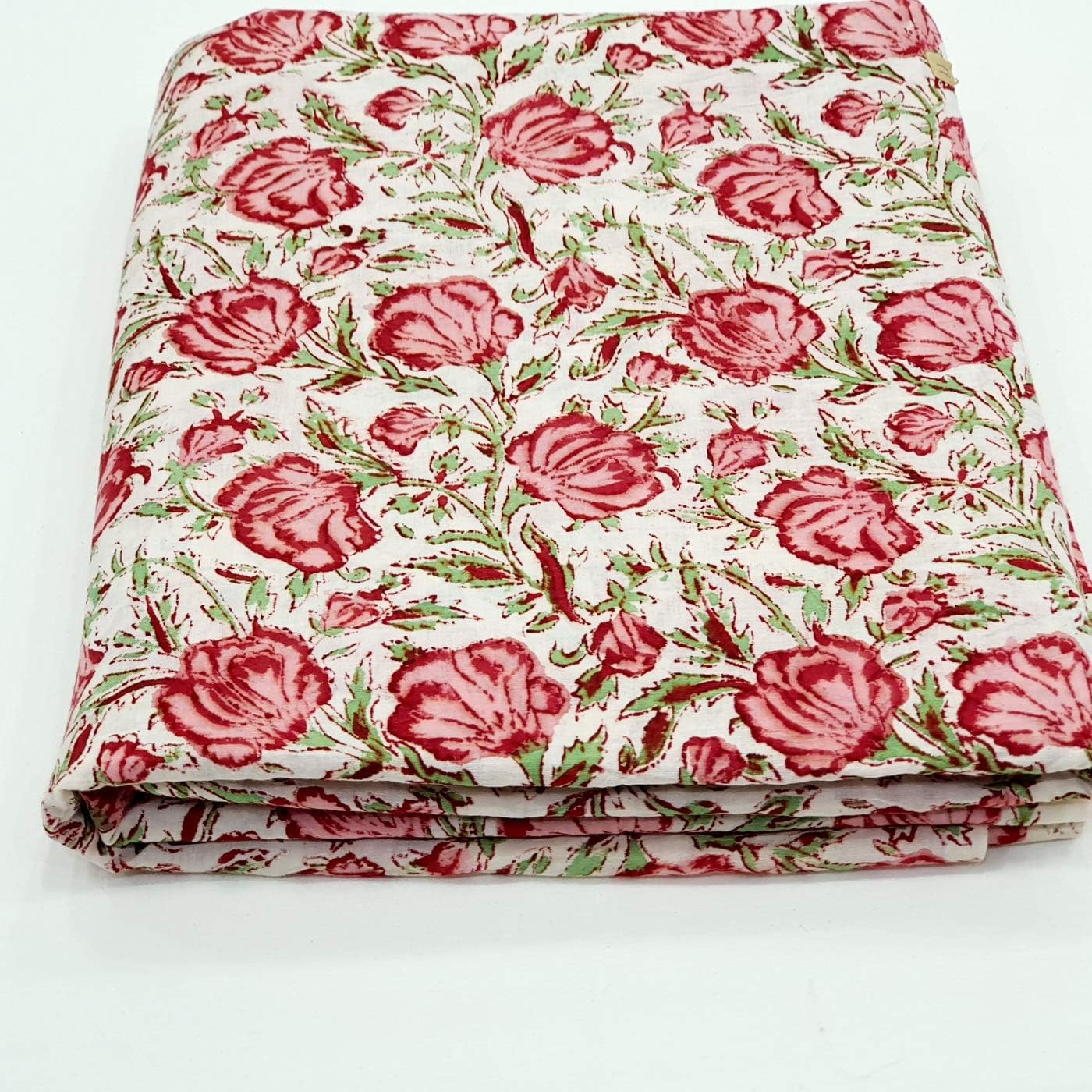 CRAFTOFPINKCITY 5 Yard Floral Block Print Fabric, Floral Block Printed Cotton Fabric by the Yard, Floral Cotton Sewing Fabric, Cotton Blue Floral Fabric