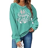 hohololo Women Happy Easter Sweatshirt Bunny Rabbit Graphic Shirt Cute Letter Printed Long Sleeve Pullover