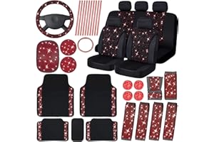 CHENGU 39 Pcs Bling Velvet Fabric Car Seat Covers Full Set Bling Car Accessories for Women Diamond Steering Wheel Cover Rhinestone Crystal Seat Belt Cover Center Console Pad Floor Mat Car Decor (Red)