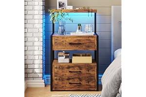 AOGLLATI Nightstand with Charging Station and LED Lights, LED Night Stand with 2 USB Ports and 2 AC Outlets, Modern End Table with 3 Drawers, Bedside Table with Open Storage for Bedroom, Rustic Brown
