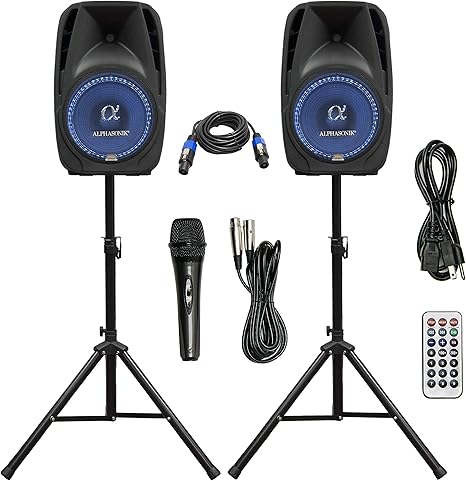 Amazon Com Pair Alphasonik All In One 8 Powered 800w Pro Dj Amplified Loud Speakers With Bluetooth Usb Sd Card Aux Mp3 Fm Radio Pa System Led Lights Karaoke Mic Guitar Amp 2 Tripod Stands