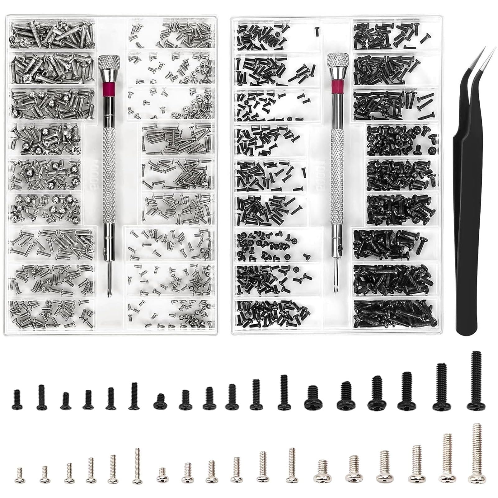 XIATIAN 1000Pcs Tiny Micro Repair Screw Kit, 18 Sizes Tiny Screws M1.2 M1.4 M2, Replacement Screws Kit with Screwdriver and Tweezers for Glasses, Laptop, Sunglasses and Watch Repair (L＋N)