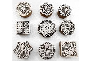 CRAFTS OF INDIA Handcarved Wooden Block Printing Stamps (Set of 9) for Textile Designing/Craft Printing Pattern for Saree/Scrapbookng/Tattoo