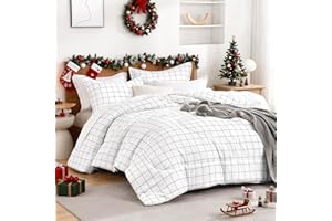 Andency Twin Comforter Set, White Gingham Plaid Grid Checkered Twin Bed Comforter Set for Dorm Boys Girls Teens Kids, 2 Pieces Lightweight Reversible Preppy Bedding Sets(66x90 Inch)