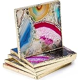 Agate Square Coasters Set of 4, Rainbow Crystal Coasters with Gold Edge for Home Decor