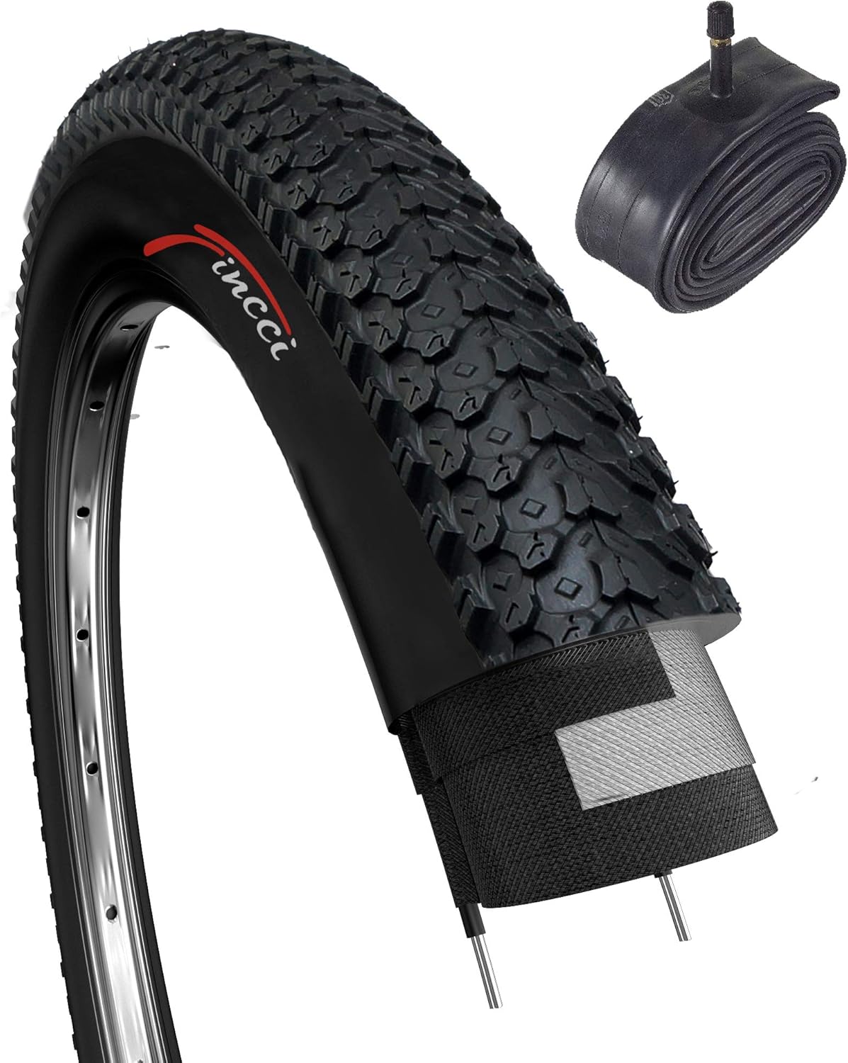 Fincci Set Foldable Mountain Bike Tyre 26 x 2.125 with 26 inch Inner Tube Schrader 48 mm Valve