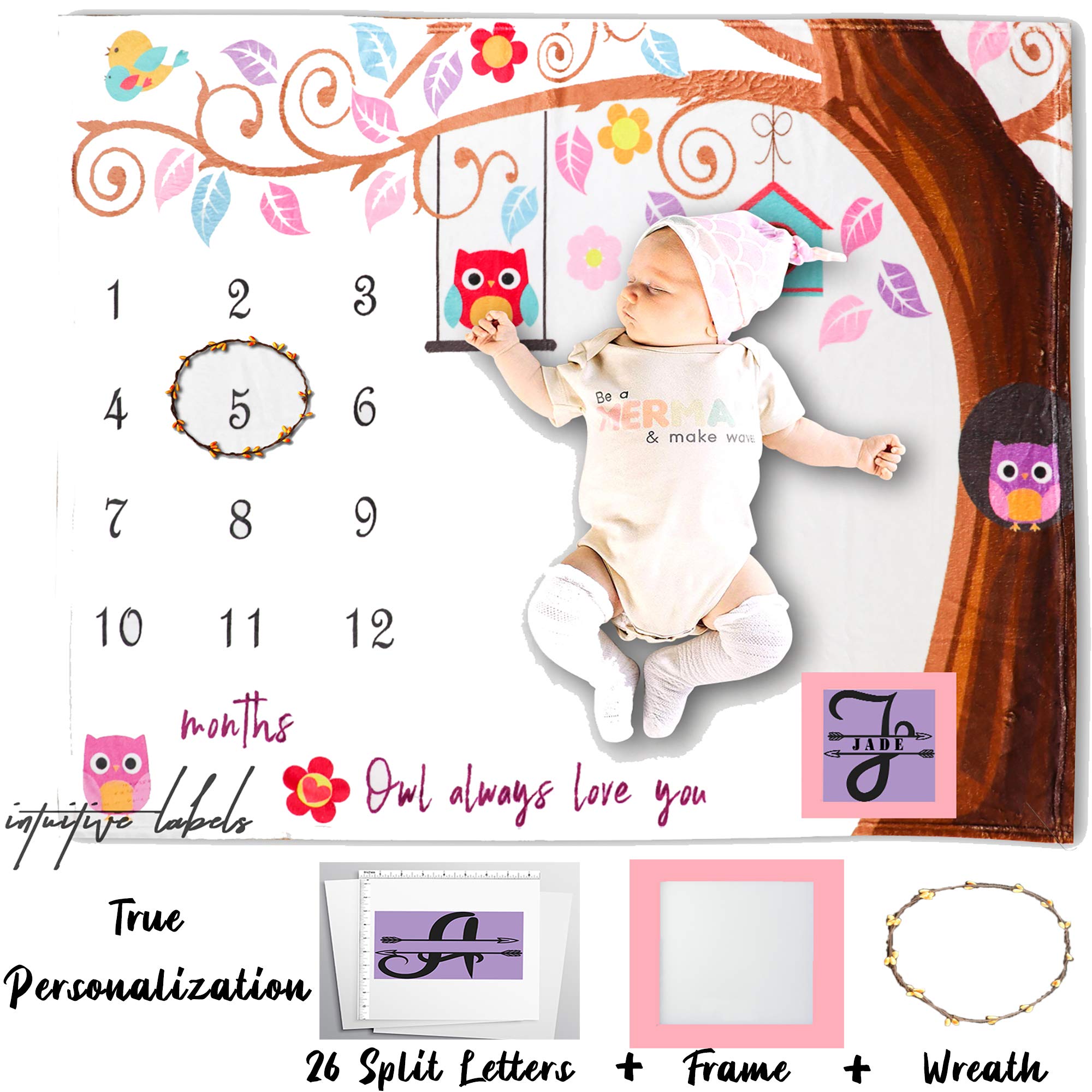 Intuitive Labels Large Baby Girl Milestone Blanket Premium Thick Flannel - Rainbow Background Monthly Photography - Personalized Newborn Baby Shower - Letters, Frame, Wreath Prop - Owl Woodland Theme