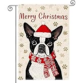 HOMETITUTE Merry Christmas Garden Flag 12x18 Inch Dog Garden Flags Burlap Double-Sided Santa Hat Red Scarf Snowflakes Paw Prints Holiday Decoration Banner Winter Flag for Yard Lawn Decoration