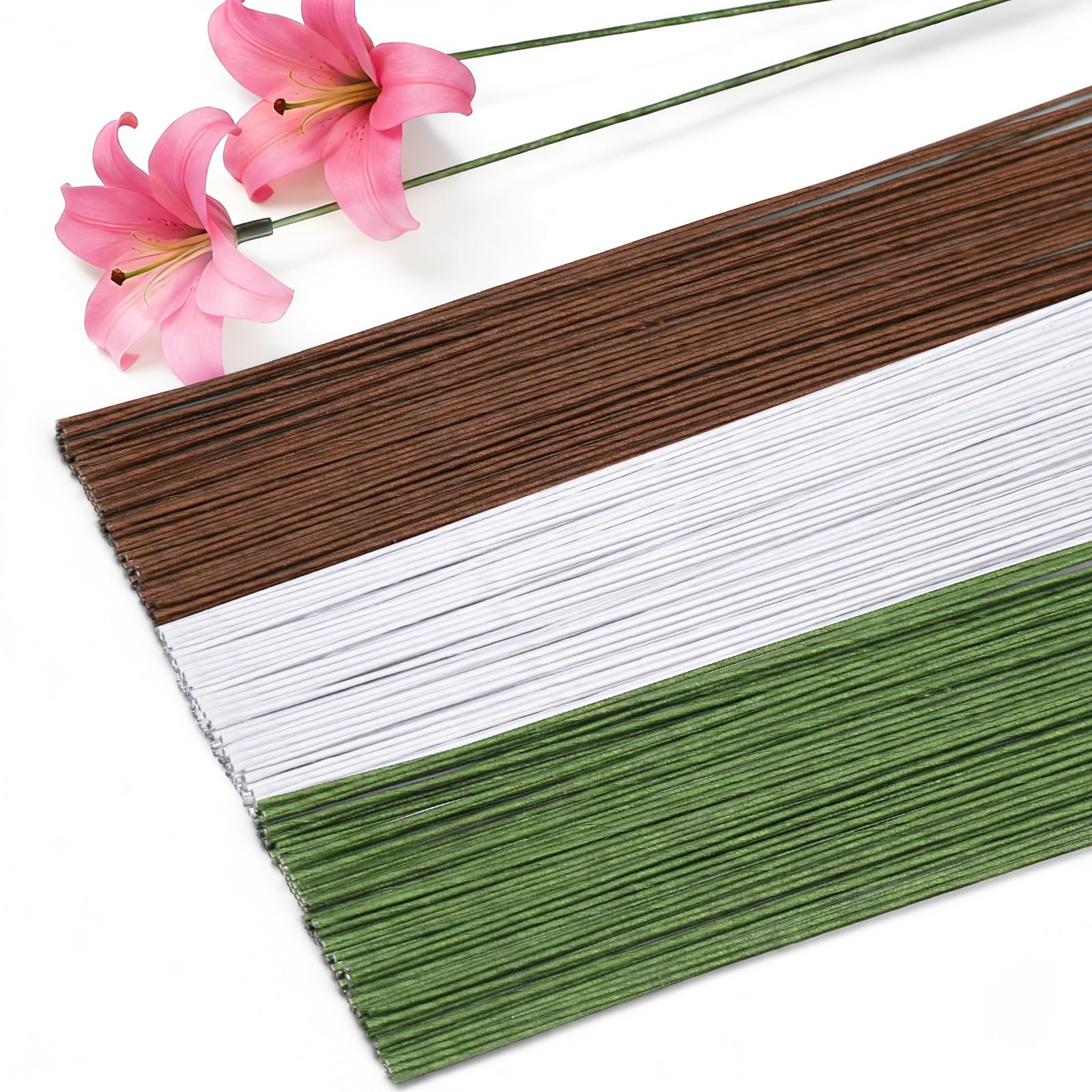 Qzma 150 Pcs Floral Wire, Florist Wire, White Green Brown Bouquet Flower Wire Stems for DIY Flower Arrangement Crafts