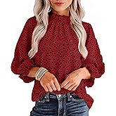 Avanova Women Polka Dot Long Sleeve Blouse Shirts Work Mock Neck Ruffle Top