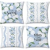 Bonhause Hydrangea Floral Throw Pillow Covers 18 x 18 Inch White Blue Flowers Butterfly Spring Summer Outdoor Decorative Pillows Case Soft Velvet Cushion Covers for Sofa Couch Home Decor Set of 4