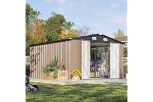 Aoxun 10 x 12FT Outdoor Storage Shed with Double Hinged Large Door Utility Garden Shed with Lockable Door & Sloped Roof Metal Sheds Outdoor Storage for Garden, Backyard, Patio and Backyard, Brown