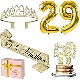 29th Birthday Decorations for Women Gold with 29th Birthday Tiara and Sash, Cake Topper and Candles, Number Balloons, 29 Year Old Gifts for Women