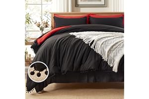 Anluoer Queen Comforter Set 7 Piece, Black Bed in a Bag with Sheets, Pom Pom Boho Bedding Comforter Sets with 1 Comforter, 2 Pillow Shams, 2 Pillowcases, 1 Flat Sheet, 1 Fitted Sheet