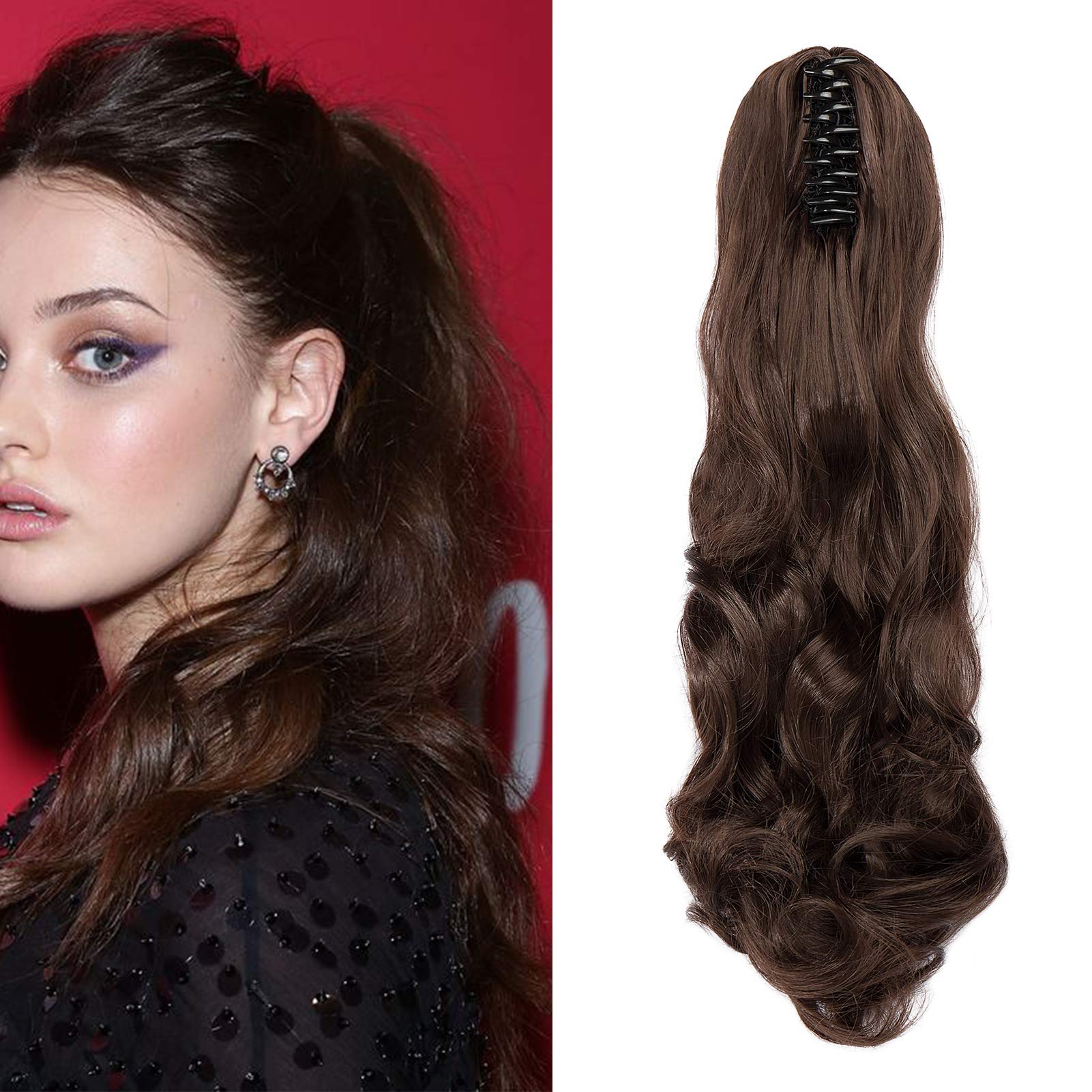 Cybelleza Ponytail Extension Curly Wavy Claw Jaw Pony Tail One Piece Clip in Hair Extensions Hairpiece Synthetic Long Natural for Women (Ash Brown) — image 1