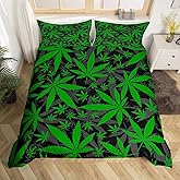 Marijuana Leaf Duvet Cover Teens Cannabis Print Comforter Covers Green Gray Botanical Branches Bedding Set for Boys Girls Youth Adults Queen with 2 Pillow Shams Marijuana Weed Leaves Bedspread Cover