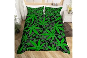 FEELYOU Marijuana Leaf Duvet Cover Teens Cannabis Print Comforter Covers Green Gray Botanical Branches Bedding Set for Boys Girls Youth Adults Queen with 2 Pillow Shams Marijuana Weed Leaves Bedspread Cover
