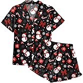 QAUN Christmas Pajamas Sets Women Xmas Button Down Pjs Set Silk Holiday Vneck Sleepwear Santa Short Sleeve Loungewear Set
