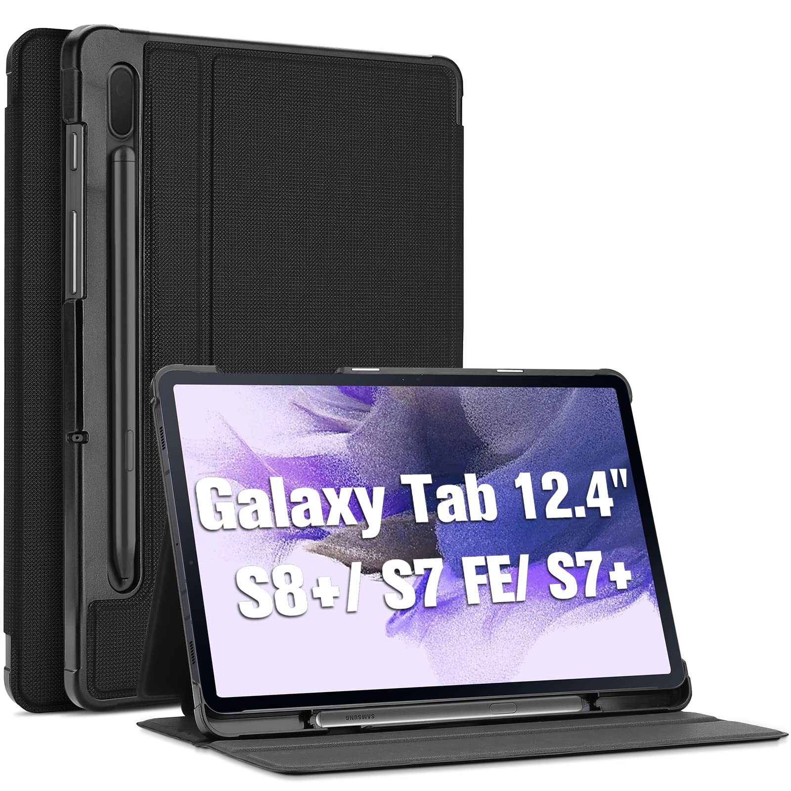 ProCase Case for Samsung Galaxy Tab S7 FE 2021/Tab S8+ Plus 2022/Tab S7+ Plus 2020 12.4", Shockproof Lightweight Slim Protective Book Case Folio Cover for SM-X800/T730/T970 -Black