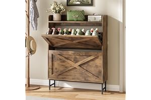 KITSTORACK Shoe Storage Cabinet, Shoe Cabinet Storage for Entryway with 2 Flip Drawers, Wooden Freestanding Shoe Cabinet with Metal Legs, Shoe Organizer, Rustic Brown