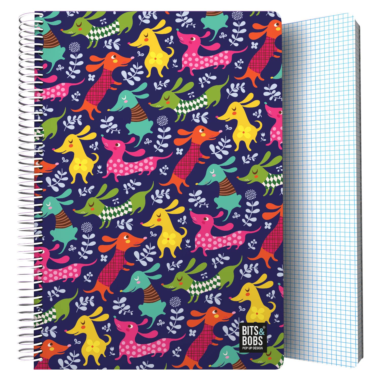 Graphoplas | Plastic Cover Notebook | 80 Squared Sheets 4x4 90 g | Folio Size | Spiral | Bits & Bobs Pop Up Design Dogs Party Collection | FSC Certified