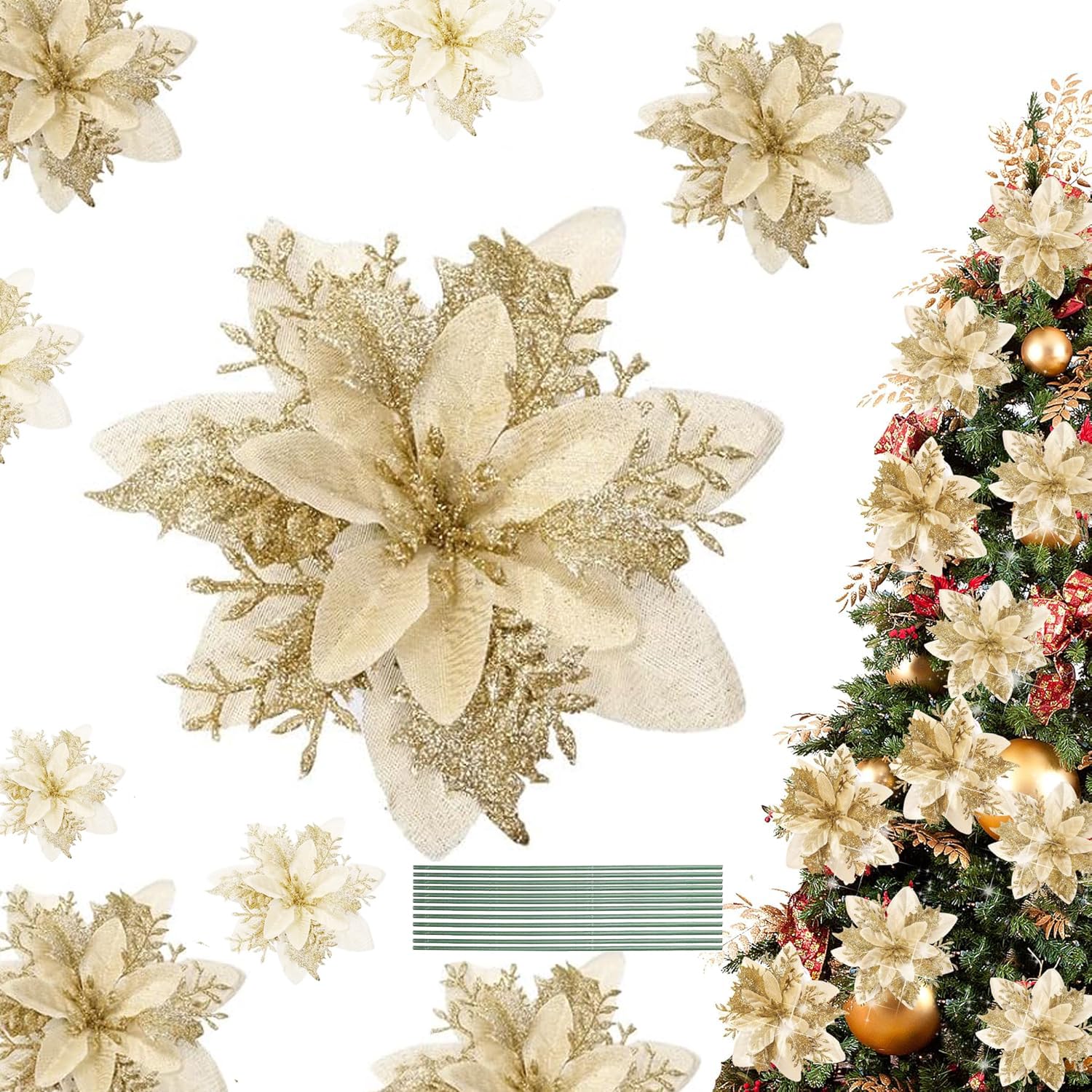 Pobuu12 Pack Christmas Glitter Artificial Poinsettia Flowers,Christmas Tree Flower Garland Ornaments Decorations for DIY Xmas Garland Wreath Holiday Home Party Decor,Gold